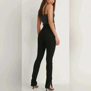 NA-KD brown elastic waist ribbed  slit detail viscose day 2 nite stretch pants S